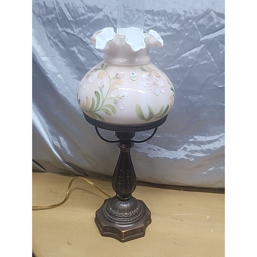 Fenton Peach hand painted Student Lamp with fenton sticker 21 inches tall